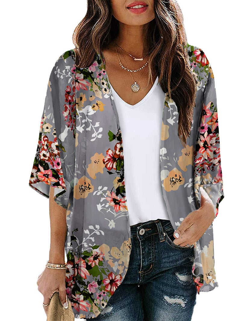 Chunoy Women Casual Summer Chiffon Kimono Cardigan Short Sleeve Beach Wear Cover Up Open Blouse Top Grey Small - Image 1